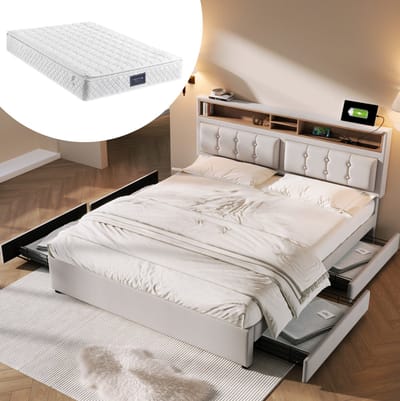 MEUNIQ tweepersoons bed 140x200 cm met 4 lades, verstelbaar hoofdbord, USB, Type-C en stopcontacten, lattenbodem en opbergruimte voor slaapkamer, beige