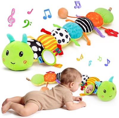 Baby zintuiglijk speelgoed 6-12 maanden – muzikaal dier gevuld pluchen rups speelgoed - geschikt voor 6-12 maanden - tummy time speelgoed met spiegel - gekreukel en rammelaar