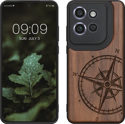 kwmobile telefoonhoesje geschikt voorMotorola Edge 60 Neo / Edge 50 Neo / ThinkPhone 25 - Hoesje met bumper - hout - In donkerbruin Vintage Kompas design