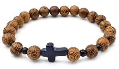 herenarmband bruin - houten kralenarmband - stenen kruisje - 18 cm - elastisch