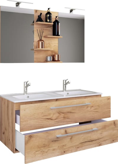 3-delige dubbele wastafel 2 wastafels badkamermeubelset wastafel Budasi spiegel