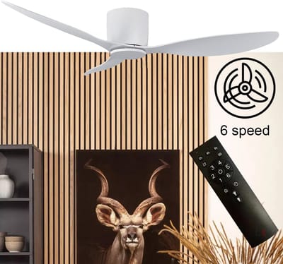 Plafondventilator Brezza 3 blad 132 cm wit - stilste ventilator 2026 – top kwaliteit - energie zuinig – met remote - ventilator voor laag plafond - 6 snelheden – beste alternatief voor airco - zomer en winter stand – witte ventilator
