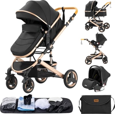 GoobiSales Luxe 3-in-1 Kinderwagen - Draagbaar, Opvouwbaar, met Vering - Aluminium Frame - Inclusief Autostoel - Kwalitatieve Buggy voor Pasgeboren Baby - Luxe Multifunctionele Combi Kinderwagen - Zwart