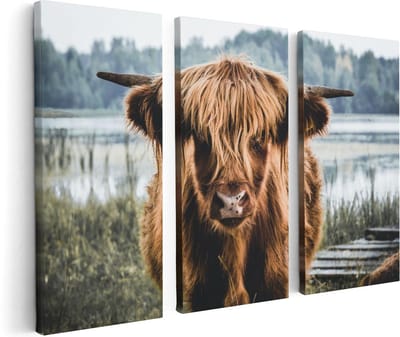 Artaza Canvas Schilderij Drieluik Schotse Hooglander Koeienkop Bij Een Meer - 120x80 - Foto Op Canvas - Canvas Print