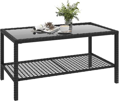 Delightness Tuintafel - Salontafel - Buitentafel - Loungeset Tafel - Bijzettafel - Rotan - Gehard Glas - 92x50x45cm - Zwart