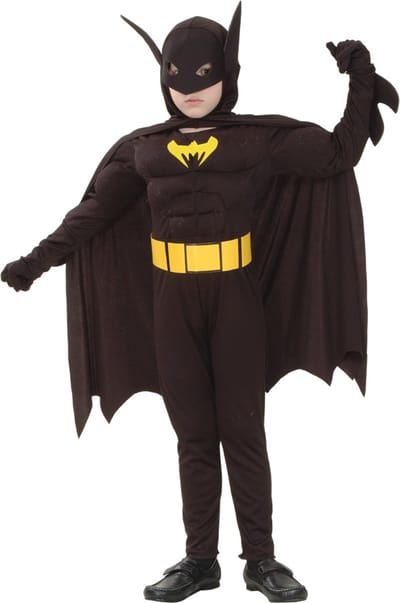 Joya Kids® Superheld Verkleedpak Kind Vleermuis | Carnavalskleding | Zwart Spierpak met Cape & Masker | Superhelden Verkleedkleding Carnaval Jongens | Inclusief Gele Riem | Verkleedkleren Kinderen Bat | Maat 120 - 130 | 6-8 Jaar | Medium