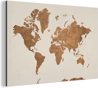 Wanddecoratie Metaal - Aluminium Schilderij Industrieel - Wereldkaart - Vintage - Kaarten - 120x80 cm - Dibond - Foto op aluminium - Industriële muurdecoratie - Voor de woonkamer/slaapkamer