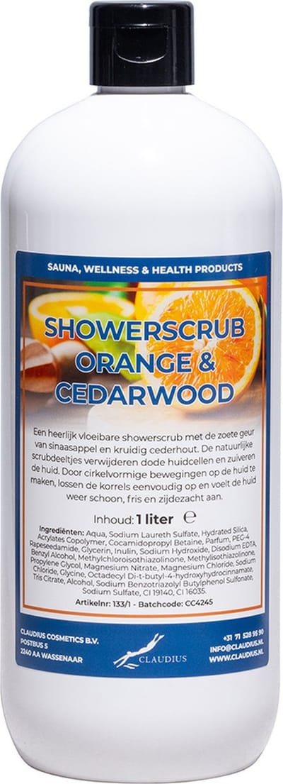 Showerscrub Sweet Orange & Cedarwood 1 liter - verfrissende scrubgel - exfoliërende bodyscrub