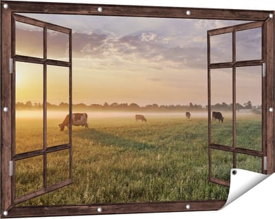 Gards Tuinposter Doorkijk Koeien in de Wei tijdens Zonsopkomst - 120x80 cm - Tuindoek - Tuindecoratie - Wanddecoratie buiten - Tuinschilderij
