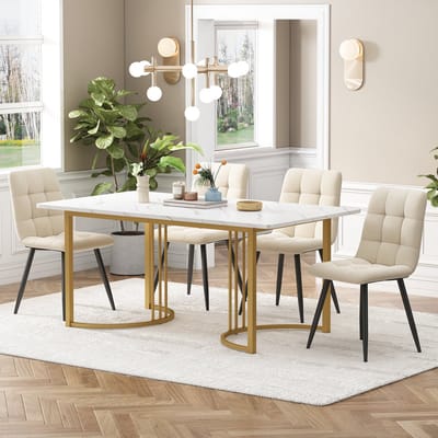 MODFU - Eethoekset - Met 4 Stoelen En Verstelbare Poten - Modern - Voor Eetkamer Of Keuken - MDF En Fluweel - Wit - 140 x 80 cm