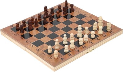 Houten Schaakspel - Reisspel Set - Hersentraining - 3-in-1 Multifunctioneel - 25 x 23.5 cm - Natuurlijk Hout