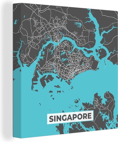 Canvas Schilderij Singapore - Plattegrond - Blauw - Kaart - Stadskaart - 20x20 cm - Wanddecoratie
