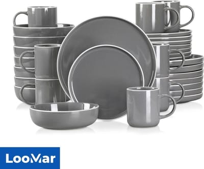 LooMar Serviesset – 32 delig – 8 persoons – Keramiek - Luxe – Bordenset - Koppen - Kommen - Grijs - Witte Rand