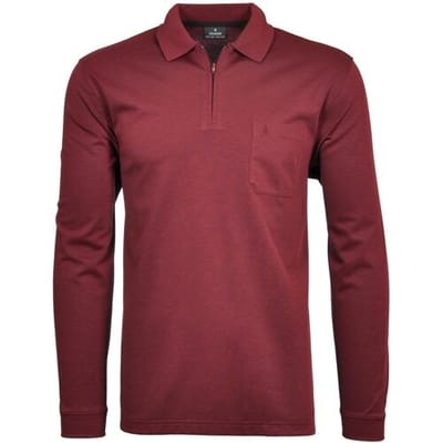 Ragman Zipper Softknit Polo Longsleeve Breast Pocket Terra Red / male
