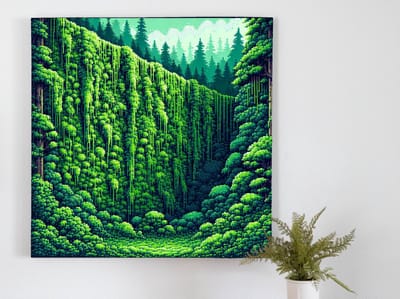 Pixel art mos schilderij | Mystiek mos uit pixelkunst: een betoverend kunstwerk vol kleur | Kunst - 60x60 centimeter op Dibond | Foto op Dibond