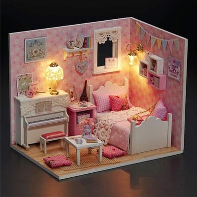 Miniatuur Poppenhuis - Knutselhuis Speelgoed - Creatief Knutselen - Realistisch Ontwerp - 25 x 19 x 6 cm - Blauw Roze