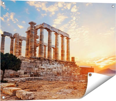 Gards Tuinposter Tempel van Poseidon in Athene, Griekenland - 80x60 cm - Tuindoek - Tuindecoratie - Wanddecoratie buiten - Tuinschilderij