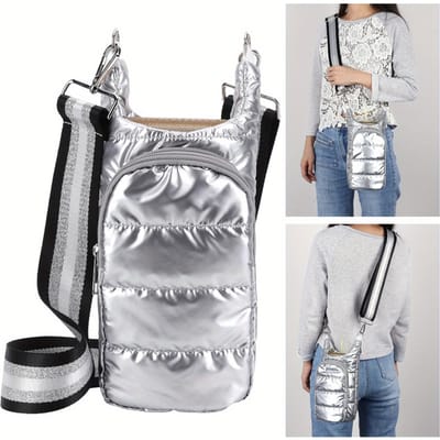 1 pièce Sac porte-bouteille d'eau bandoulière Porte-bouteille d'eau manchon avec bandoulière Matelassé Rembourré Housse de bouteille d'eau Sacs argenté
