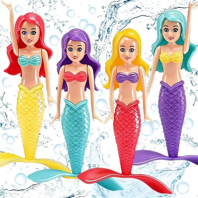 Daity 4-delige set – Zeemeermin badspeelgoed – Draaiend zeemeermin zwembad- en badspeelgoed – Speciaal ontworpen voor meisjes – Willekeurige kleuren – Zomers onderwater duikspeelgoed – Zeemeermin thema verjaardagsfeestartikelen