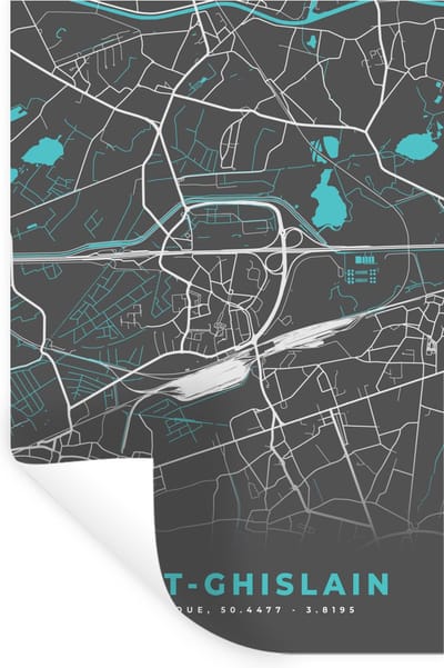 Muurstickers - Sticker Folie - Stadskaart – Grijs - Kaart – Saint Ghislain – België – Plattegrond - 20x30 cm - Plakfolie - Muurstickers Kinderkamer - Zelfklevend Behang - Zelfklevend behangpapier - Stickerfolie