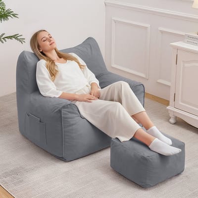Zitzak voor Volwassenen met Armleuningen – Grote Kattenvorm Relaxstoel met Vulling – Comfortabele Indoor & Outdoor Loungestoel – Grijs