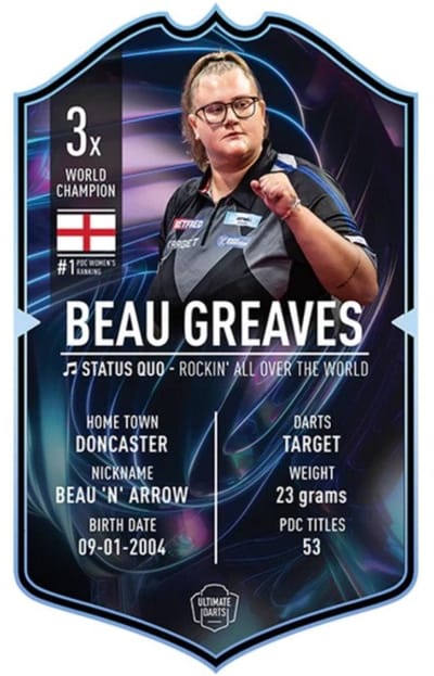 Ultimate Card Beau Greaves – Darts Verzamelkaart – 3x Wereldkampioen Editie – 37 x 25 cm – Premium Kunststof – Inclusief Echtheidscertificaat