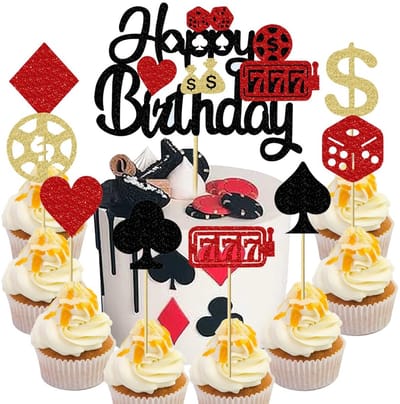 Dailygoods- Cupcake Toppers - Taartdecoratie - Casino Thema - Happy Birthday - 9 Stuks - Hoogwaardige Kartonnen Decoratie
