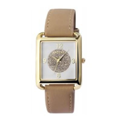 Akzent-dameshorloge-model 1900248-004-goudkleurig-vierkant-taupe kleurige band-3 atm waterdicht-afmeting 31 x 39 mm