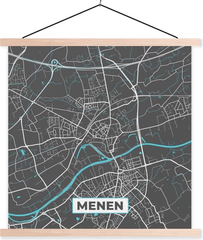 Posterhanger incl. Poster 40x40 cm - Schoolplaat - Kaart – Plattegrond – Stadskaart – Menen – België - Grijs - Textielposter - Blanke latten - Stadskaart