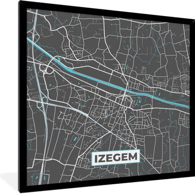 Fotolijst incl. Poster - Plattegrond – Izegem – Blauw – Stadskaart - Kaart - 40x40 cm - Posterlijst