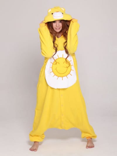 KIMU® Onesie Gele Troetelbeer Pak - Maat 140-146 - Troetelbeertjes Pak Funshine Bear Zon - Kind Berenpak Beer Pyjama Kostuum Jumpsuit Kinderen Festival