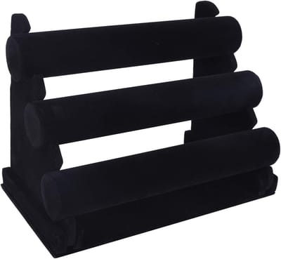 Famanu – Sieradendisplay met 3 lagen, fluwelen houder voor armbanden, horloges en kettingen, zwart