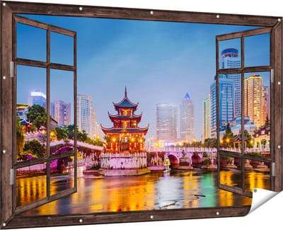 Gards Tuinposter Doorkijk Rivier bij Stad Guiyang in China - 180x120 cm - Tuindoek - Tuindecoratie - Wanddecoratie buiten - Tuinschilderij