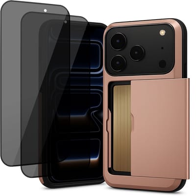 Hoesje met Pasjeshouder geschikt voor iPhone 17 Pro - 2x Privacy Screen Protector FullGuard - Back Cover SlideCase Roségoud & Screenprotector