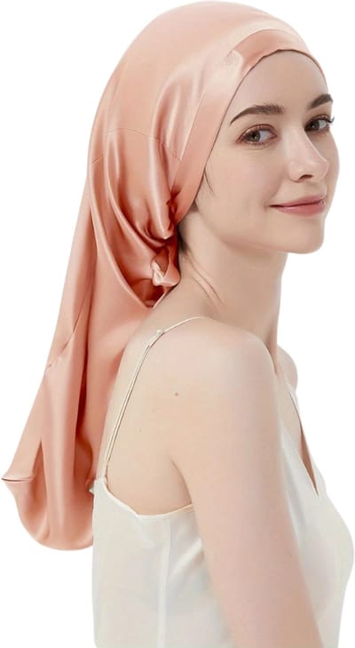 Livano Zijden Slaapmuts - Satijnen Nachtmuts - Silk Bonnet - Sleep Cap - Haarverzorging - Satin - Verstelbaar - Voor Zacht & Stralend Haar - Oranje/Roze