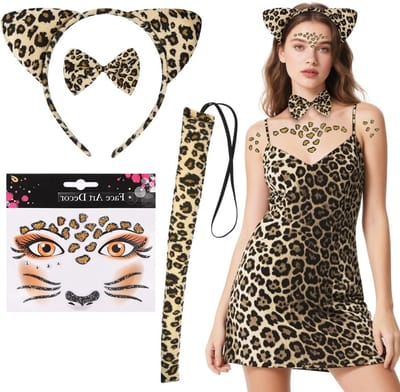 Leopard Kostuums Set voor Volwassenen en Kinderen met Oren, Staart en Boog, Perfect voor Carnaval, Feest en Halloween