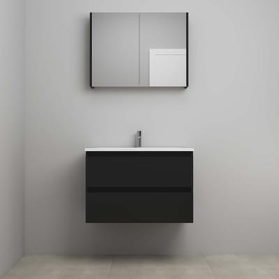 On-Line Badkamermeubelset - 80 cm - Voorgemonteerd - Acryl Wastafel - 1 Kraangat - Spiegelkast - Mat Zwart