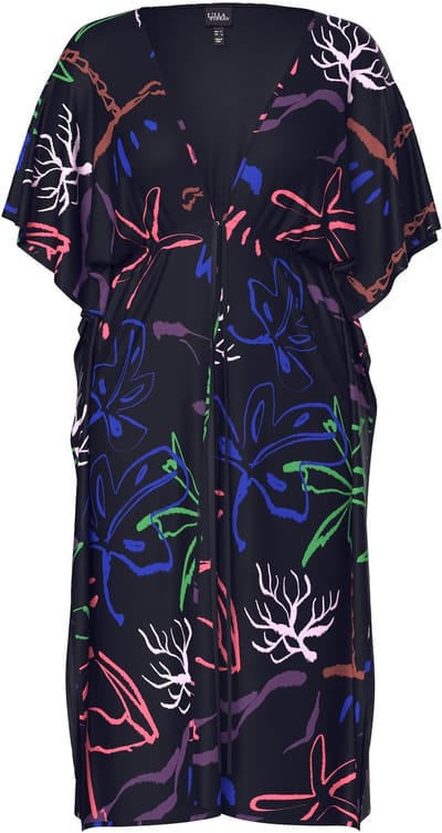 Ulla Popken - Dames - Kaftan strandmotief V-hals korte mouw - Zwart - Maat 1+