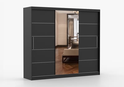 Schuifdeurkast ELBA I met Spiegel – 3-deurs kledingkast, legplanken en kledingroede – modern design – 250x218x61 cm - ELBA I (Zwart)