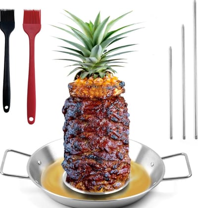Verticale voor Al Pastor - RVS Braziliaanse Spies met 3 Punten - Inclusief Borstel en Vetscheidingsbak - Voor Tacos Shoarma en Kebabs in Oven of Rookoven - Barbecue Accessoire