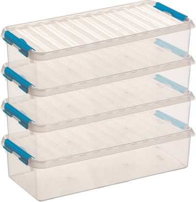 4x sunware q-line opberg box/opbergdoos - 6.5 liter - 48 x 19 x 10 cm - kunststof - opslagbox - transparant/blauw