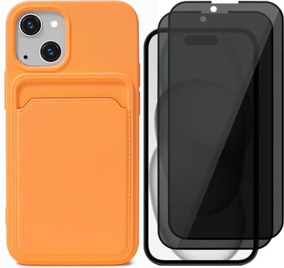 Hoesje Pasjeshouder geschikt voor iPhone 15 - 2x Privacy Screenprotector FullGuard - Siliconen Case Back Cover Oranje & Screen Protector