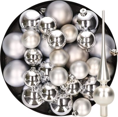 Kerstversiering kunststof kerstballen met glazen piek zilver 6-8-10 cm pakket van 45x stuks - Kerstboomversiering