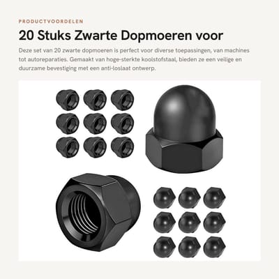 Dailygoods- Dopmoeren 20 Stuks - Zwart Zeskant Hoedmoeren - Hoogwaardige Koolstofstaal - Anti-loslaat/ Stofdicht Ontwerp - Eenvoudige Installatie - Moeren