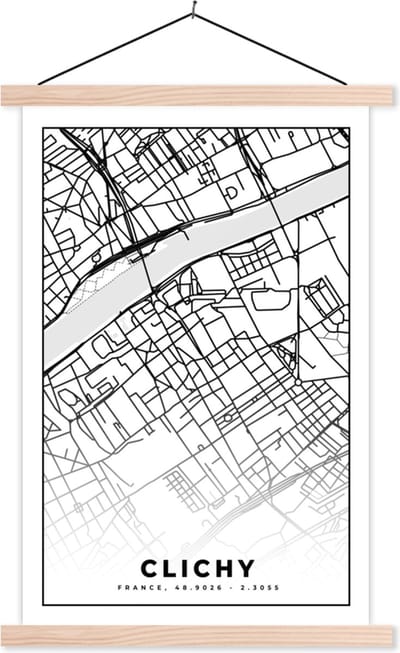 Posterhanger incl. Poster 40x60 cm - Schoolplaat - Kaart - Stadskaart - Clichy - Frankrijk - Plattegrond - Zwart wit - Textielposter - Blanke latten - Stadskaart