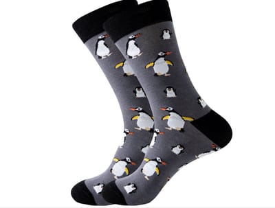 Sokken heren - mannen - grijs - leuke print pinguin - 40 - 45 - cadeau voor hem - geschenk man - gift