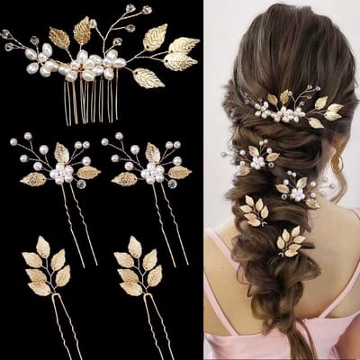 Haarklem - Haarclip - Haarspelden Dames - Haarspeldjes Meisje - Haarspeld Bruiloft - 5 Stuks Haarspelden voor Bruid - Gouden Bladeren - kristallen Parels - Vintage Haaraccessoires - Sieraden met Strass - Voor bruiden, bruidsmeisjes, bloemenmeisjes