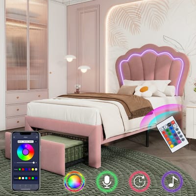 Kinderbed van 90x200 cm met lades en ledverlichting - gecapitonneerd bed met opbergruimte en verstelbaar hoofdeinde - in fluweel - roze