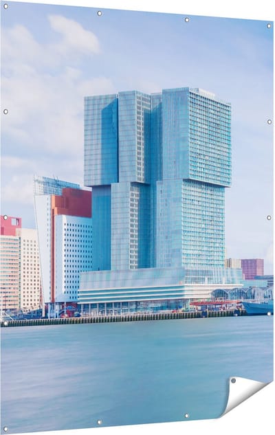 Gards Tuinposter Rotterdamse Skyline aan het Water - 120x160 cm - Tuindoek - Tuindecoratie - Wanddecoratie buiten - Tuinschilderij
