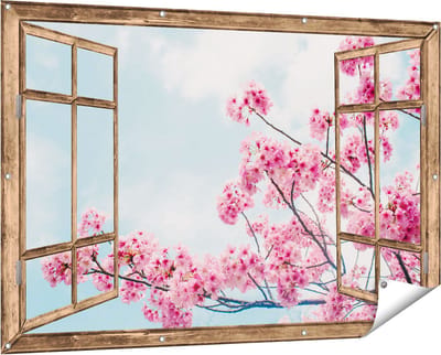 Gards Tuinposter Doorkijk Roze Bloesemboom - Bloemen - 150x100 cm - Tuindoek - Tuindecoratie - Wanddecoratie buiten - Tuinschilderij